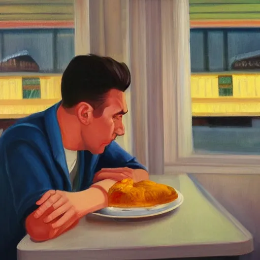 Prompt: a portrait of a sad man in a diner painted in the style of Edward Hopper, 4k,