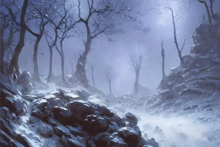 Prompt: a beautiful oil painting of a rocky valley covered in snow, trees with blue leaves, thunderstorm in the sky, blue lighting, gloomy, atmospheric lighting, detailed, beautiful!! by greg rutkowski, trending on artstation