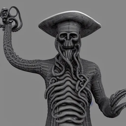 Image similar to 3 d render of a sculpture of a pirate full of tentacles, no colors, white and black, plastic, 4 k, 8 k, hd,