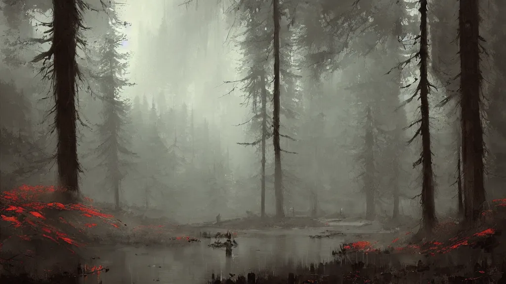 Prompt: forest landscape, papyrus, watercolored, jakub rozalski, dark colours, dieselpunk, artstation