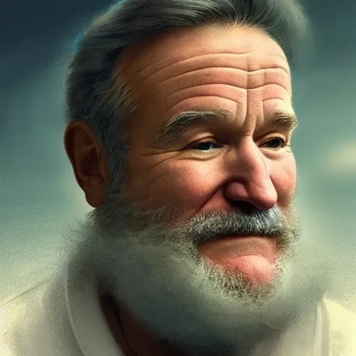 Image similar to robin williams is god, white beard, blue eyes, white robe, clouds, heaven, portrait, intricate, detailed, volumetric lighting, scenery, digital painting, highly detailed, artstation, sharp focus, illustration, concept art, ruan jia, steve mccurry