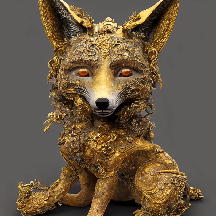 Image similar to highly detailed ancient artifact depicting a fox made of bronze and ivory and encrusted with precious jewels, beautiful patina, ethereal, esoteric, zbrush sculpt, octane render, intricate, ornate, cinematic lighting, hyperrealistic