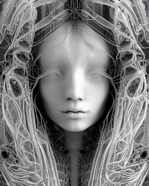 Image similar to mythical dreamy black and white organic translucent bio-mechanical spinal ribbed profile face portrait detail of mechanical beautiful female angelic-snowy-human-doll, highly detailed, intricate crystal jelly steampunk ornate, poetic, 3D render, digital art, octane render, 8K artistic photography, photo-realistic, by Dora Maar