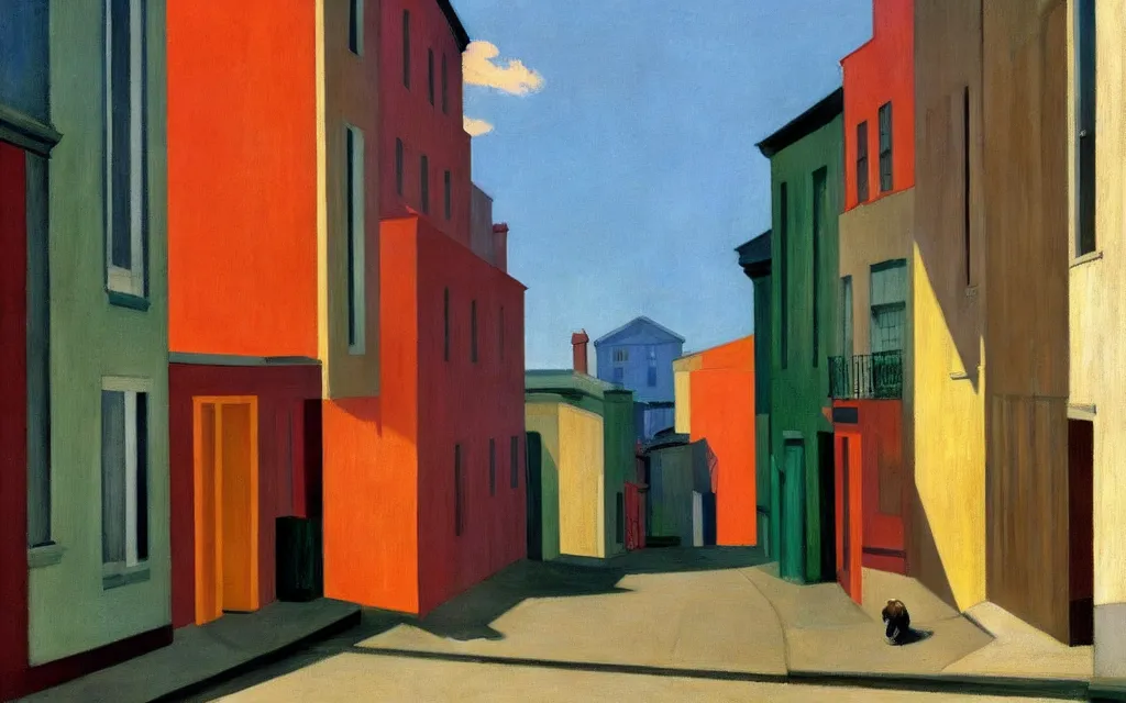 Image similar to a neighborhood with houses and alleys all the same and colorful, disturbing, high quality, edward hopper