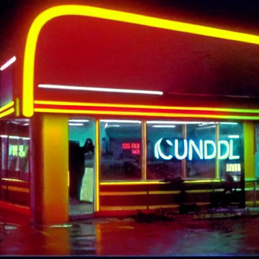 Prompt: a futuristic neon mcdonalds in the film blade runner. stunning cinematogrphy. rainy night