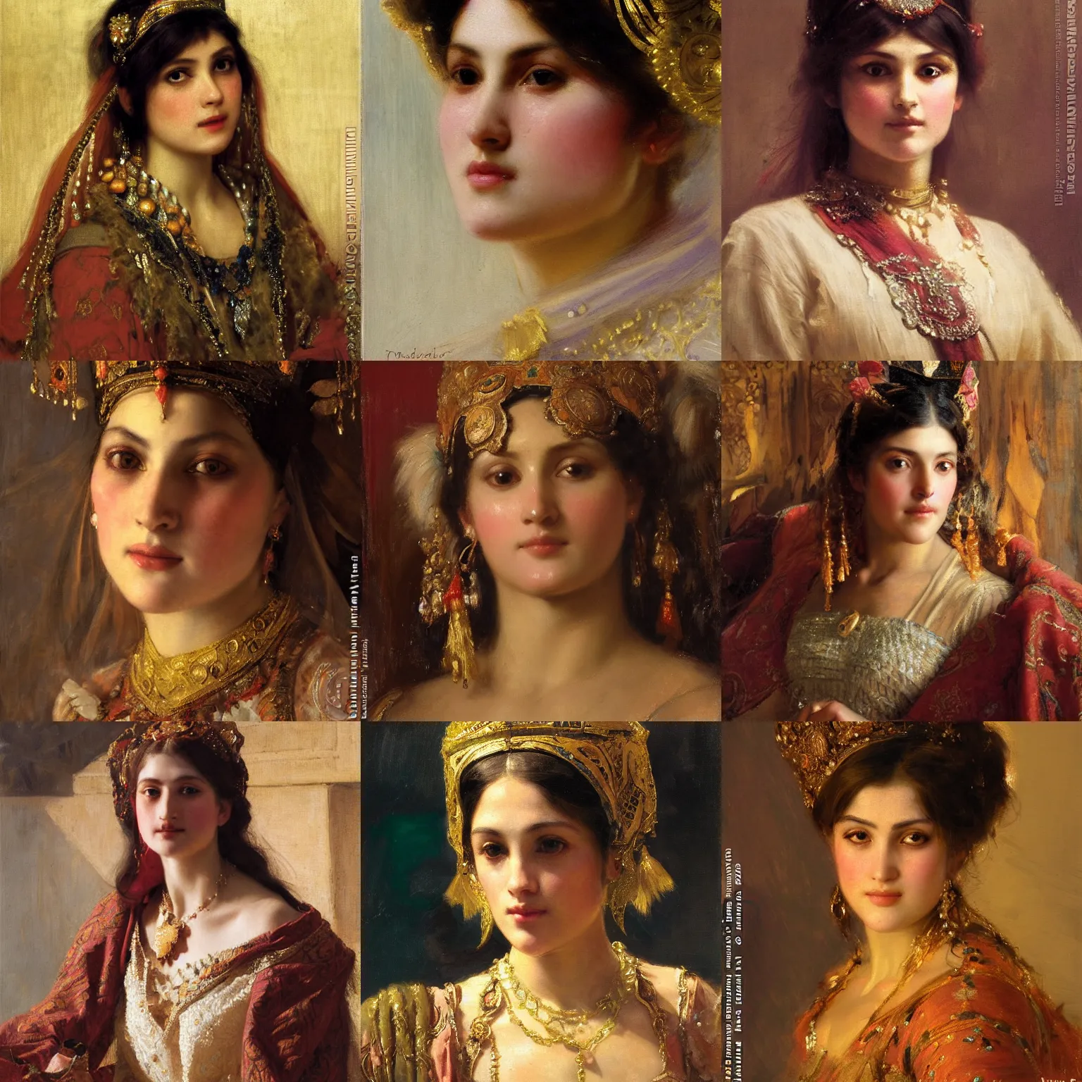 Prompt: orientalism face detail of a knightly princess by theodore ralli and nasreddine dinet and anders zorn and nikolay makovsky and edwin longsden long, oil on canvas, masterful intricate artwork, excellent lighting, high detail 8 k