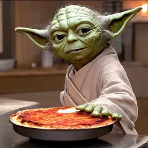 Image similar to A still of Yoda making a pizza in Masterchef, 4k, photograph, ultra realistic, highly detailed, professional lighting