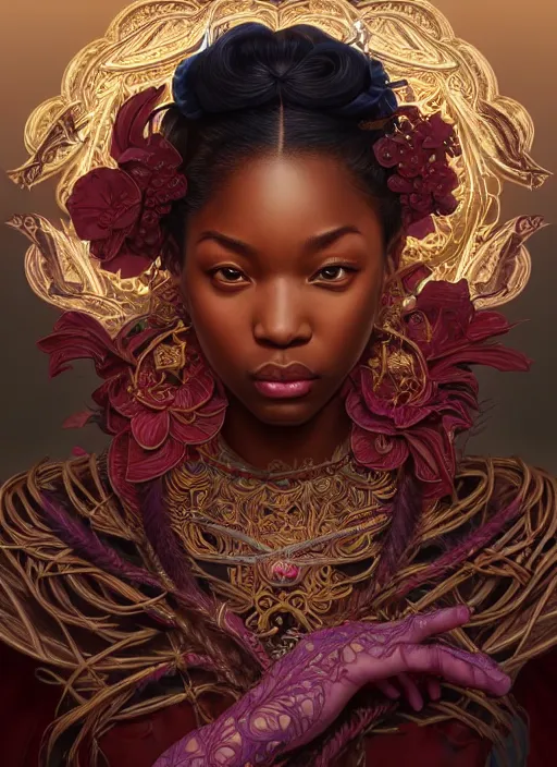 Image similar to : sango fantasy, fantasy magic, , intricate, sharp focus, illustration, highly detailed, digital painting, concept art, matte, Artgerm and Paul lewin and kehinde wiley, masterpiece