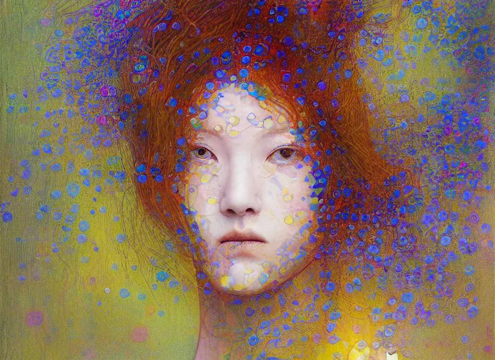 Image similar to portrait of woman outside office building, painterly, yoshitaka amano, miles johnston, moebius, odilon redon, miles johnston, klimt, tendrils, in the style of yago hortal, louise zhang, james jean, victor charreton, james jean, two figures