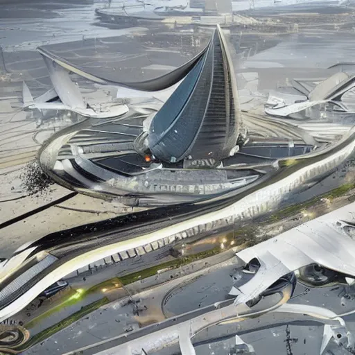 Image similar to sci-fi airport in view from above oily gloss specularity reflection with organic forms on the coronation of napoleon painting, on moon with medium size man walking with black background and digital billboard in the middle. unreal engine 5, keyshot, octane, artstation trending, by Zaha Hadid architects, by Matrix film color, high contrast pinterest black plastic, dark atmosphere pinterest tilt shift, 4k, 8k, 16k.