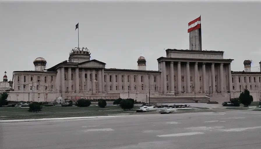 Prompt: 60s movie still of a sovietic museum stalinist style, cinestill 800t 10mm eastmancolor, liminal Space style, heavy grain, high quality, high details, panoramic