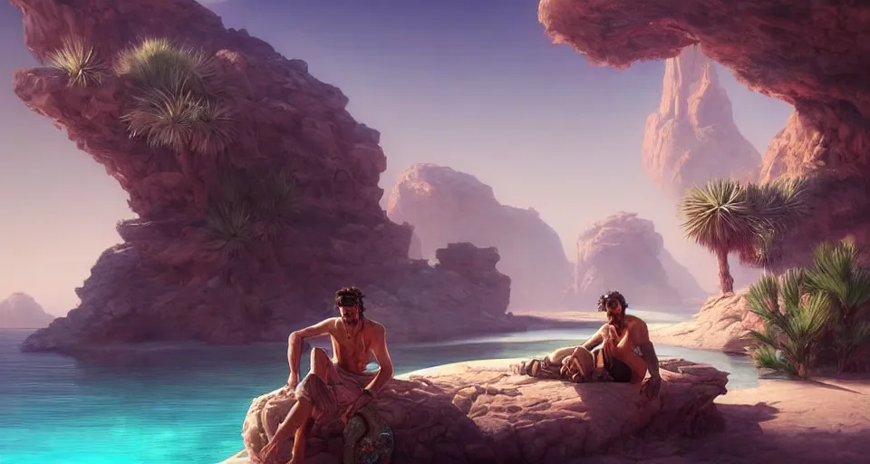 Image similar to a male desert vagabond sitting next to an oasis!!!! with crystal clear water surrounded by sand dunes, by wlop and peter mohrbacher, extremely detailed shading, concept art, digital painting, trending on artstation, unreal engine 5, octane render, atmosphere, glow, cinematic lighting, full of color