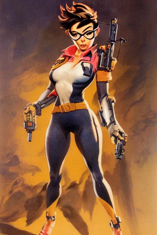 Prompt: pinup of tracer from overwatch, highly detailed, by frank frazetta