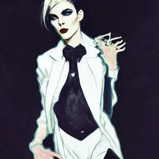 Image similar to stunning portrait of androgynous ruby rose as desire from sandman in a white tuxedo!!!, rockabilly style,, by alphonse mucha, by jeremy mann, by peter lindbergh, dave mckean, by frank moth, white suit and black tie, soft lightning, high detailed, 8 k