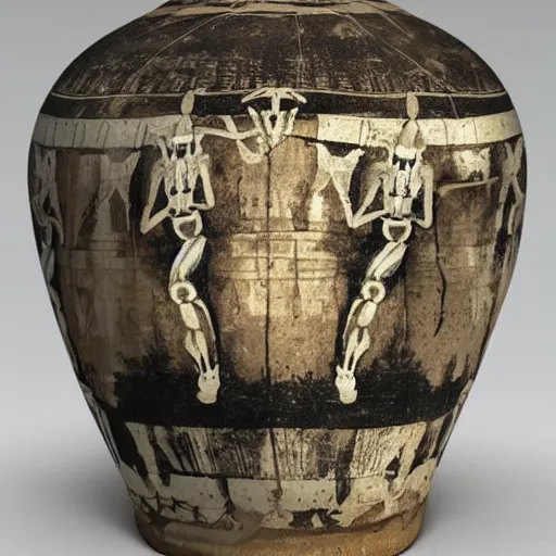 Image similar to roman jar illustrated with exploding skeletons