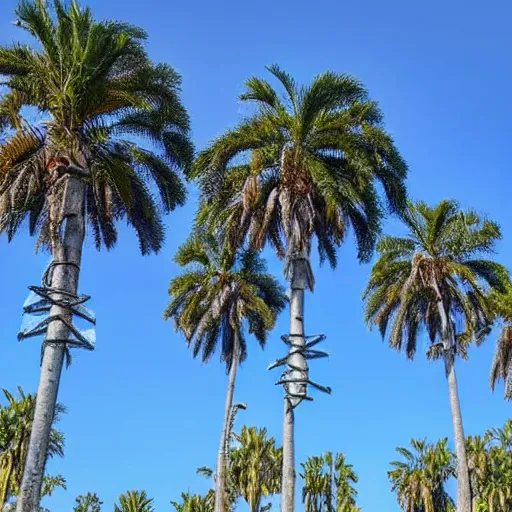 Prompt: corkscrew palm trees, detached trunks floating floating floating in blue sky, random positions floating, flying so we can see the whole trees