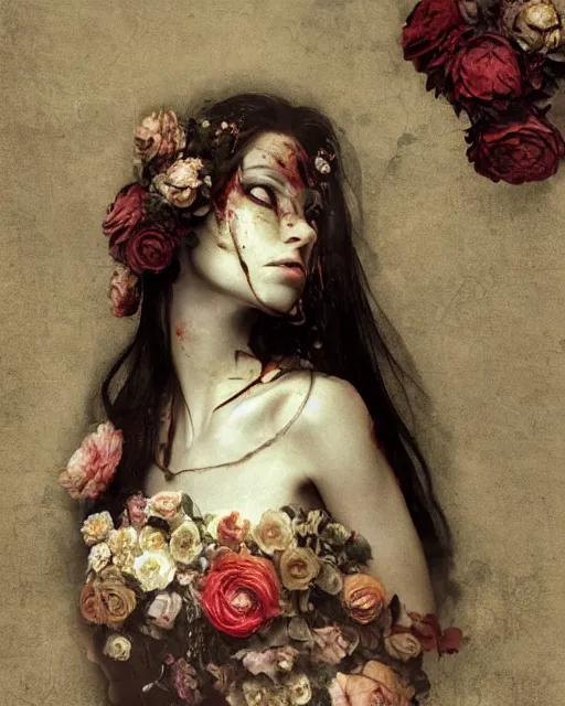 Prompt: a beautiful and eerie baroque painting of a beautiful but serious woman in layers of fear, with haunted eyes and dark hair piled on her head, 1 9 7 0 s, seventies, floral wallpaper, wilted flowers, a little blood, morning light showing injuries, delicate embellishments, painterly, offset printing technique