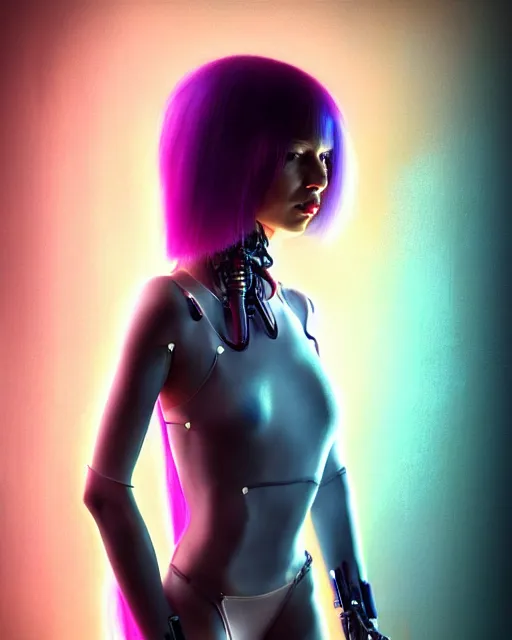 Image similar to a portrait of a beautiful young 28th century super cool post-human female with long neon like hair, barely human and largely biomechanical machine, hyper-realistic cyberpunk style, image by tom bagshaw , IKuvshinov Ily, photos by Annie Leibovitz, moody, models by 500px, dramatic cinematic lighting rendered by octane, 8k, detailed, intricate, clean and textures, trending on artstation, deviantart google images, pinterest