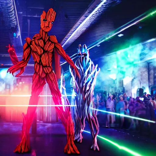 Image similar to groot and optimus prime dancing at techno party among people, wide shoot, after effect ultra realistic 3 d