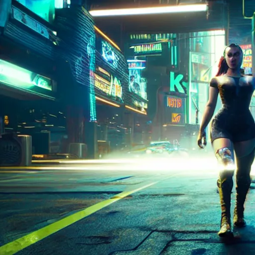 Image similar to florence pugh in cyberpunk 2 0 7 7, unreal engine 5 4 k, hyperdetailed photorealism