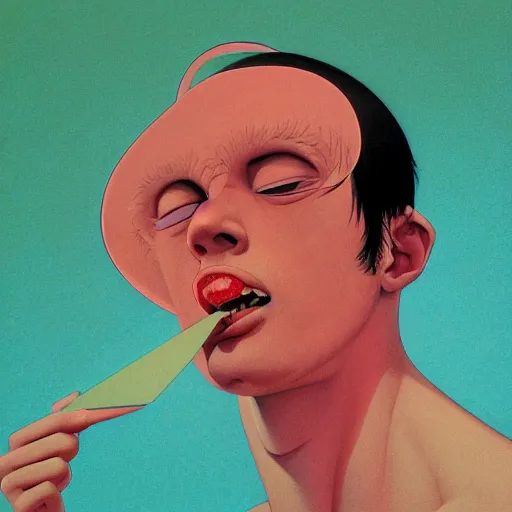 Image similar to a scifi closeup portrait of a young british man licking a blotter paper of LSD acid on his tongue and dreaming psychedelic hallucinations in cosmos, by kawase hasui, moebius, Edward Hopper and James Gilleard, Zdzislaw Beksinski, Steven Outram colorful flat surreal design, hd, 8k, artstation