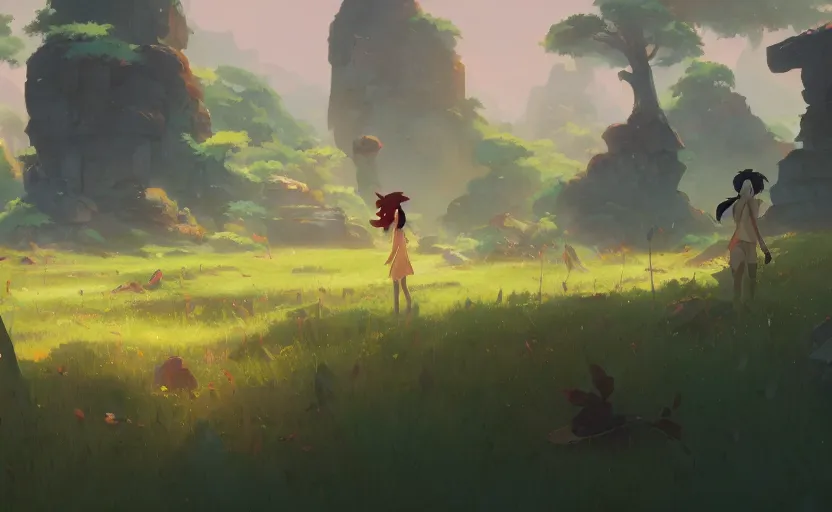 Image similar to fantasy field with the remains of ancient temples, cory loftis, james gilleard, atey ghailan, makoto shinkai, goro fujita, studio ghibli, rim light, exquisite lighting, clear focus, very coherent, plain background, soft painting