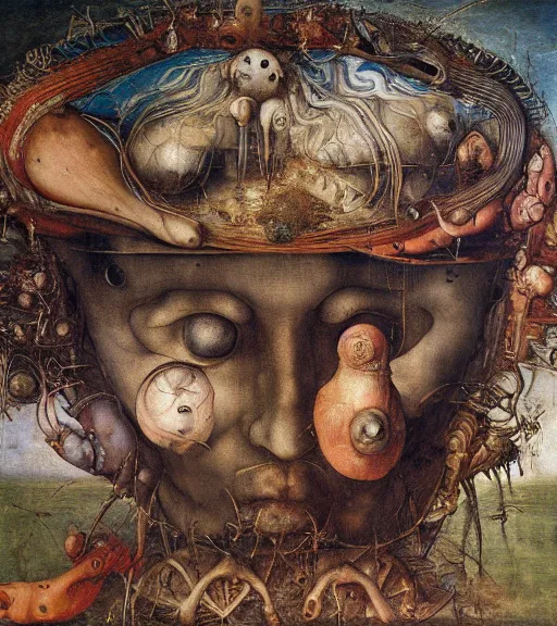 Image similar to an oil painting by botticelli, by arcimboldo, by yoshitaka amano, by beksinski, by giger, by hieronymus bosch, by albrecht durer, by gustave moreau seen through a kaleidoscope, detailed, high resolution, scratches,