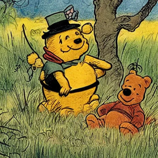 Prompt: Winnie The Poo is being killed by many bee stings in the style of E. H. Shepard