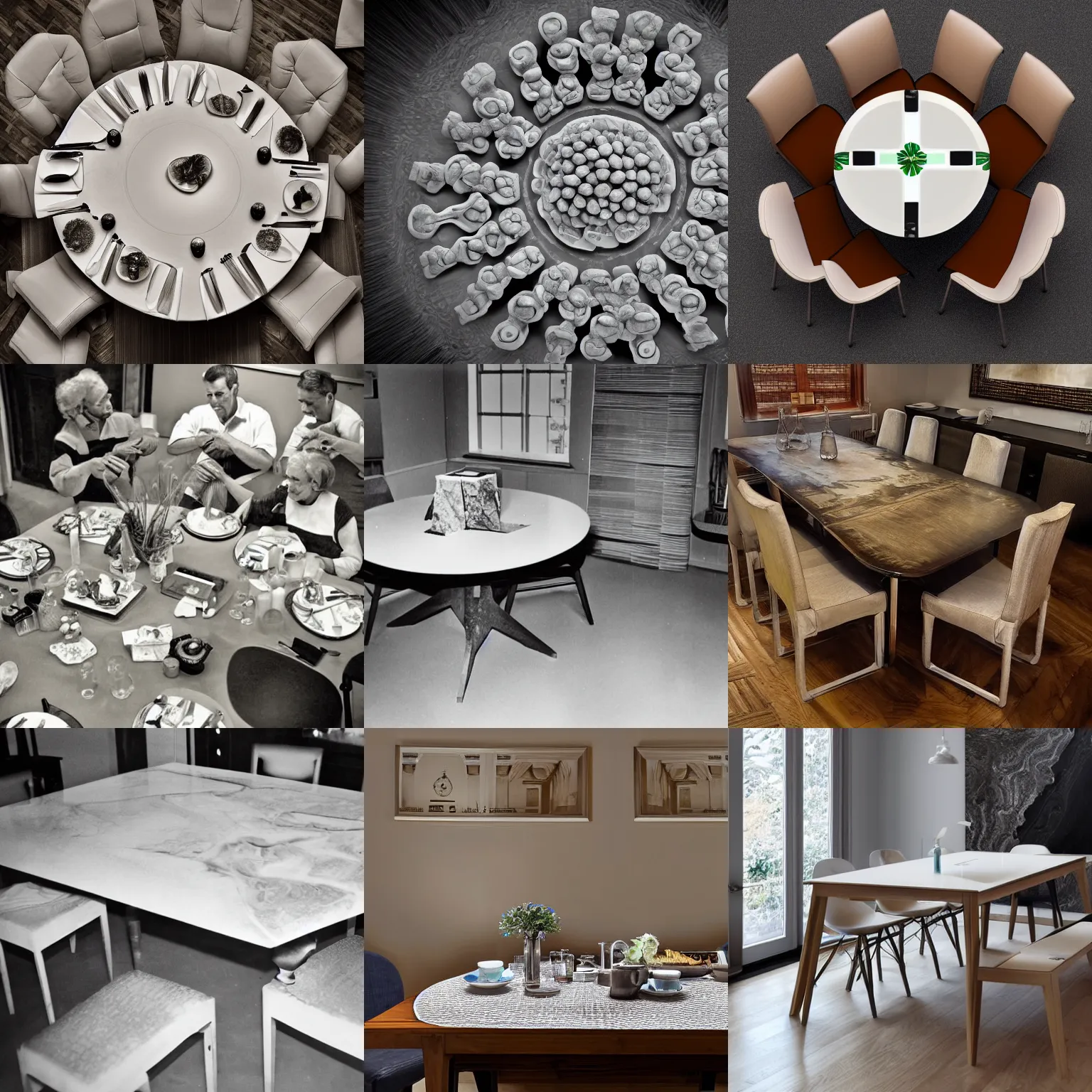 Prompt: electron microscope photo of a dining room table