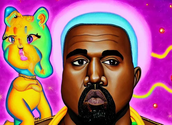 Image similar to kanye west goes and a kanye quest to find hidden treasure, an ultrafine detailed painting by lisa frank, trending on deviantart, pop surrealism, lowbrow, colorful