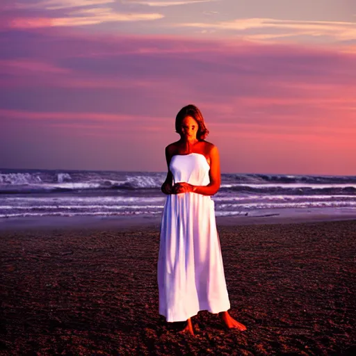 Image similar to a beautiful photograph of a woman in a white dress on the beach at sunset, by chris freilich