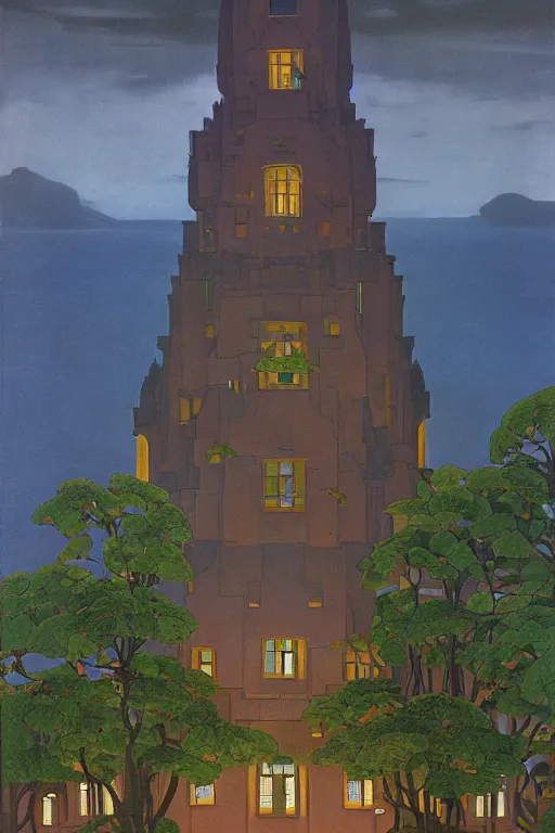 Image similar to view of the mysterious blue tower in its gardens after a storm, tall windows lit up, beautiful ornamental architecture, dramatic cinematic lighting, rich colors, by Nicholas Roerich and William Dyce and April Gornik and Sylvain Sarrailh and Ludwig Deutsch and Diego Rivera, fairytale illustration, featured on artstation