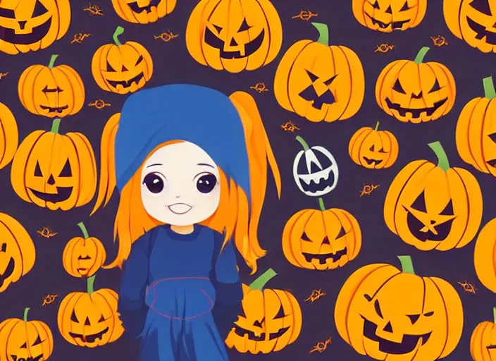 Prompt: little girl with long golden blonde hair sitting on a pile of halloween pumpkins and skulls. clean cel shaded vector art. shutterstock. behance hd by lois van baarle, artgerm, helen huang, by makoto shinkai and ilya kuvshinov, rossdraws, illustration, art by ilya kuvshinov