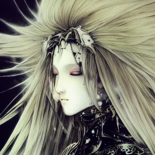 Prompt: yoshitaka amano blurred and dreamy realistic illustration of an anime girl with wavy white hair and cracks on her face wearing elden ring armour with the cape fluttering in the wind, abstract black and white patterns on the background, noisy film grain effect, highly detailed, renaissance oil painting, weird portrait angle