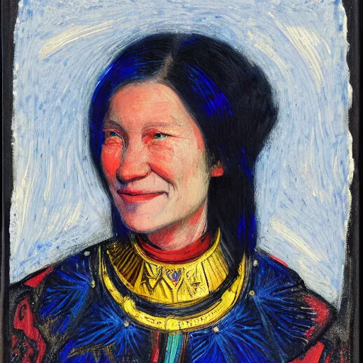 Prompt: head and shoulders portrait of a female knight, inuk, tonalist, baroque, high contrast, symbolist, ambrotype, detailed, raven, edge lighting, vibrant, palette knife, girih, prussian blue and raw sienna, angular, smiling