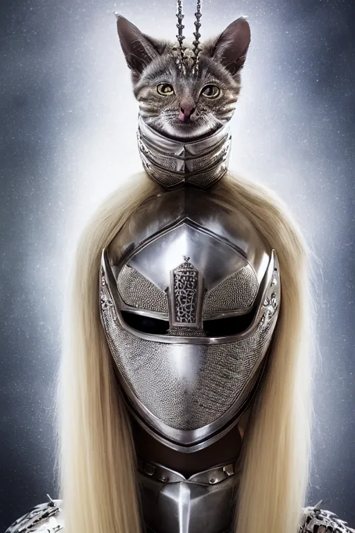 Image similar to female knight wearing a real cat on her head, armor designed by wayne barlowe, swarovski and tiffany, blonde hair, symmetry, sci - fi, cinematic, elegant, luxury, perfect light, perfect composition, dlsr photography, sharp focus, dark fantasy, 8 k, ultra hd, sense of awe, highly detailed, realistic, intricate