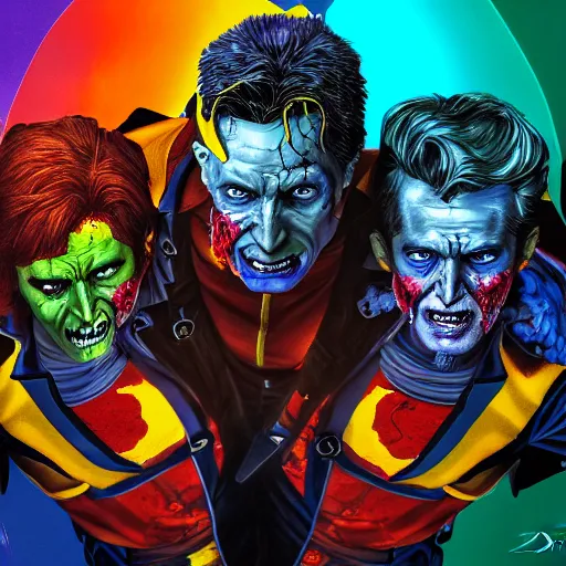 Prompt: a portrait of the x men as zombies, highly detailed, digital photo, hdri, by christopher bretz and john carpenter, vivid colors, high contrast, 8 k resolution, intricate, photorealistic, smooth, psychedelic color scheme, concept art, award winning, cg society contest winner