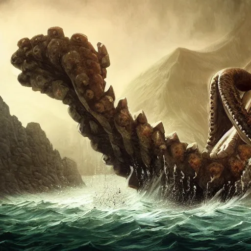 Image similar to epic painting of Moses parting the sea. a giant kraken is lurking on the sea floor, epic, concept Art, detailed, 4K