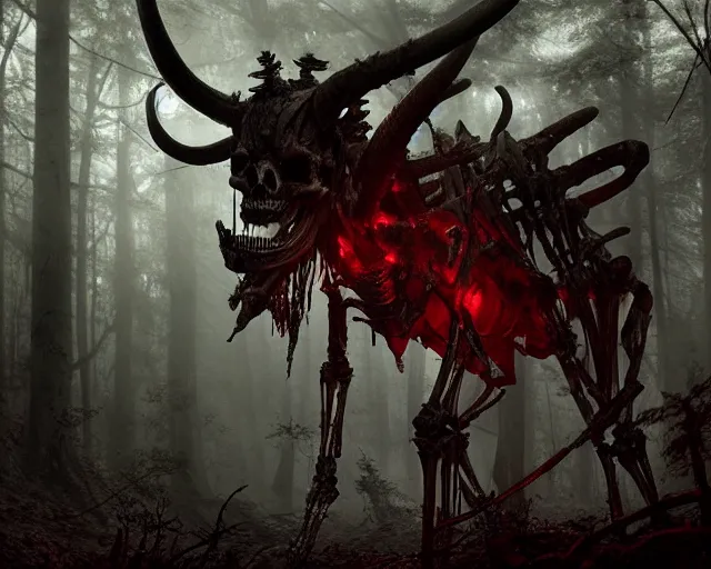 Prompt: 5 5 mm portrait photo of an armored demonic human skeleton with horns and red eyes, in a magical forest. dark atmosphere. art by greg rutkowski. highly detailed 8 k. intricate. lifelike. soft light. nikon d 8 5 0.