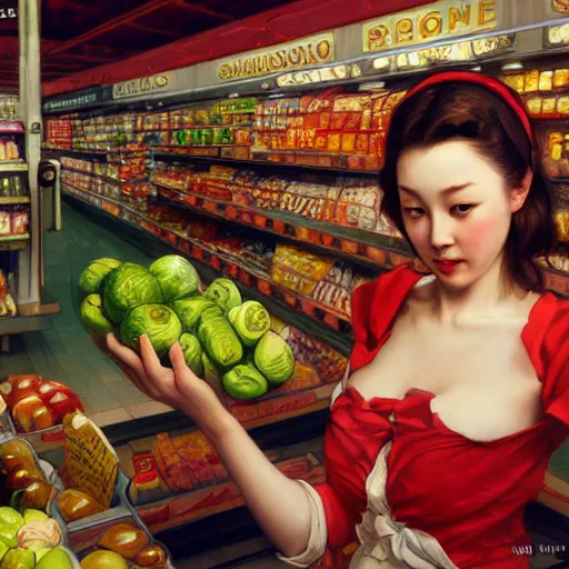 Image similar to buying groceries, by wlop, artgerm, elvgren, mucha