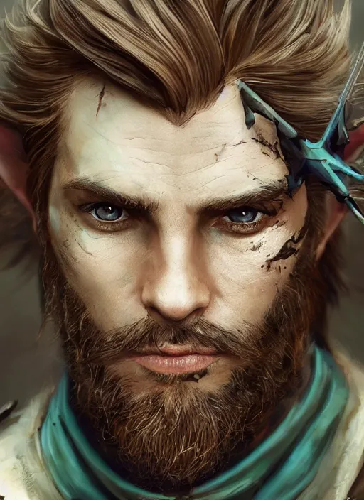 Image similar to A striking hyper real portrait painting of arrogant half-elf ranger, scar on face, shaggy brown hair, scruffy beard, teal tunic, 4k, 8k, Apex Legends Concept Art, D&D Concept Art, unreal 5, DAZ, hyperrealistic, octane render, cosplay, RPG portrait, dynamic lighting