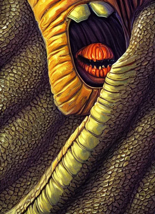 Image similar to portrait of Sandworm from Beetlejuice in Society (1989), highly detailed, centered, solid color background, digital painting, artstation, concept art, smooth, sharp focus, illustration, peter giancola, Joseph Christian Leyendecker, Les Edwards, Ed Repka, Basil Gogos, WLOP, Artgerm