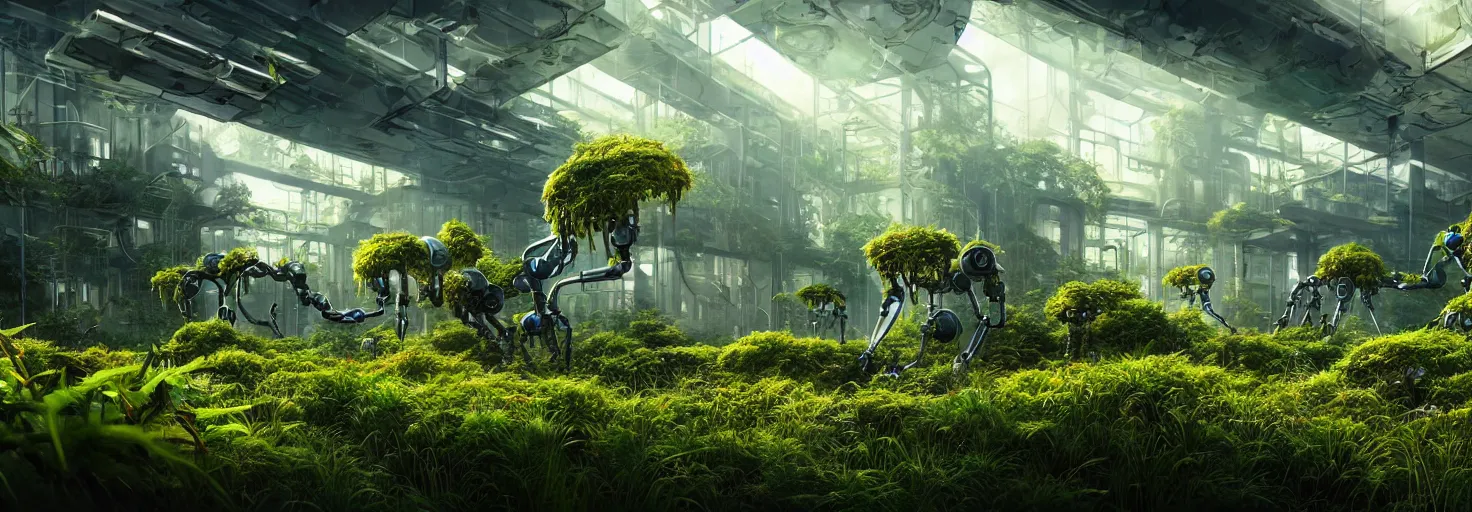 Prompt: brightly sunlit overgrown with plants and abandoned organic chemistry laboratory from the distant future staffed by dysfunctional multiarmed bipedal robots, science fiction industrial hard science concept art, 8K render octane high definition cgsociety