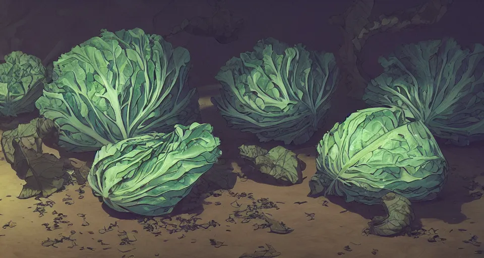 Image similar to a beautiful painting of a rotten cabbage by studio ghibli, gigantic, octane render, brilliantly coloured, intricate, ultra wide angle, trending on artstation, dusk, volumetric lighting, polished, micro details, ray tracing, 8k