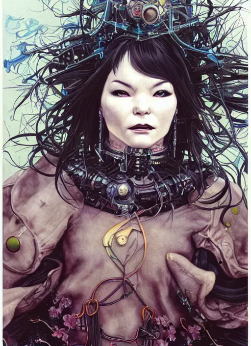 Image similar to realistic detailed painting of Bjork by yoshitaka amano, Masamune Shirow and rebecca guay and Moebius, Neo-Gothic, Cyberpunk, rich deep colors