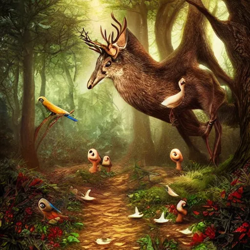 Image similar to magical forest, birds, child forest, highly detailed facez, stra ge creatures, artwork, digital art, fantasy