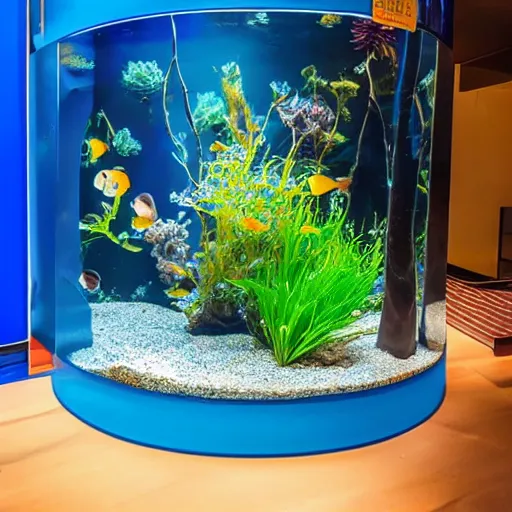 Image similar to there are two round aquariums on a blue table with a blue background. a gold fish is jumping from one aquarium to the other one