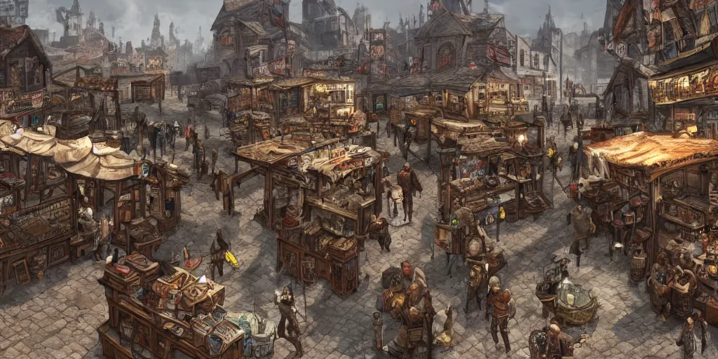 Image similar to a busy marketplace full of merchants in an old medieval town, fallout style, fantasy apocalypse, digital art, 4 k,