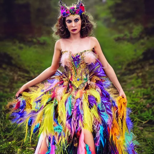 Image similar to Queen of the fae wearing a sleeveless feathered gown, holding court, intricate, colorful, 4k