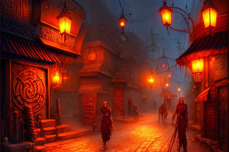 Prompt: a highly detailed bazaar street in the planescape city of sigil, amazing planescape digital painting, by gerald brom, brom digital art, intricate details, ultra realistic, beautiful art, volumetric lighting, warm colors advance cool colors recede, by brom, trending cgsociety, artstation, rim lighting, 8 k